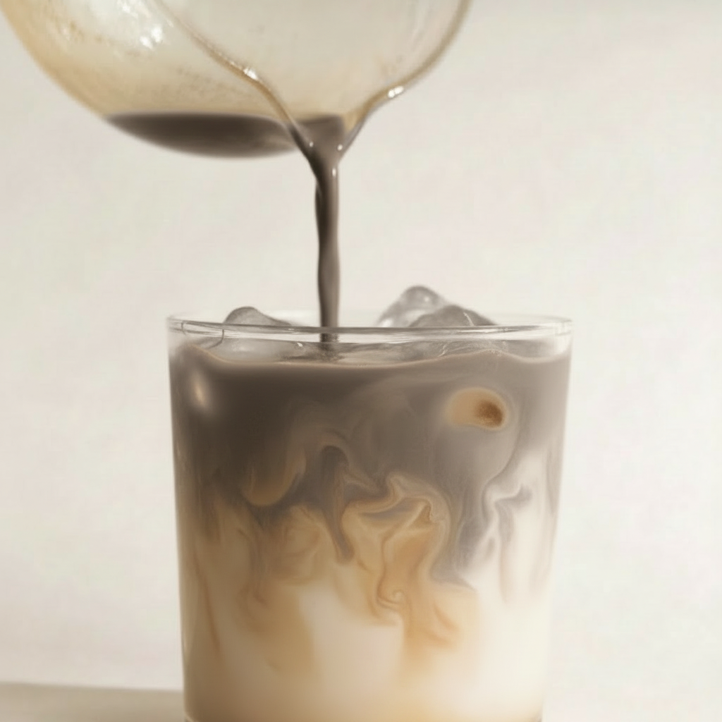 Foto de referencia del Hojichai con un tono marrón grisáceo intenso y tostado sobre leche y hielos