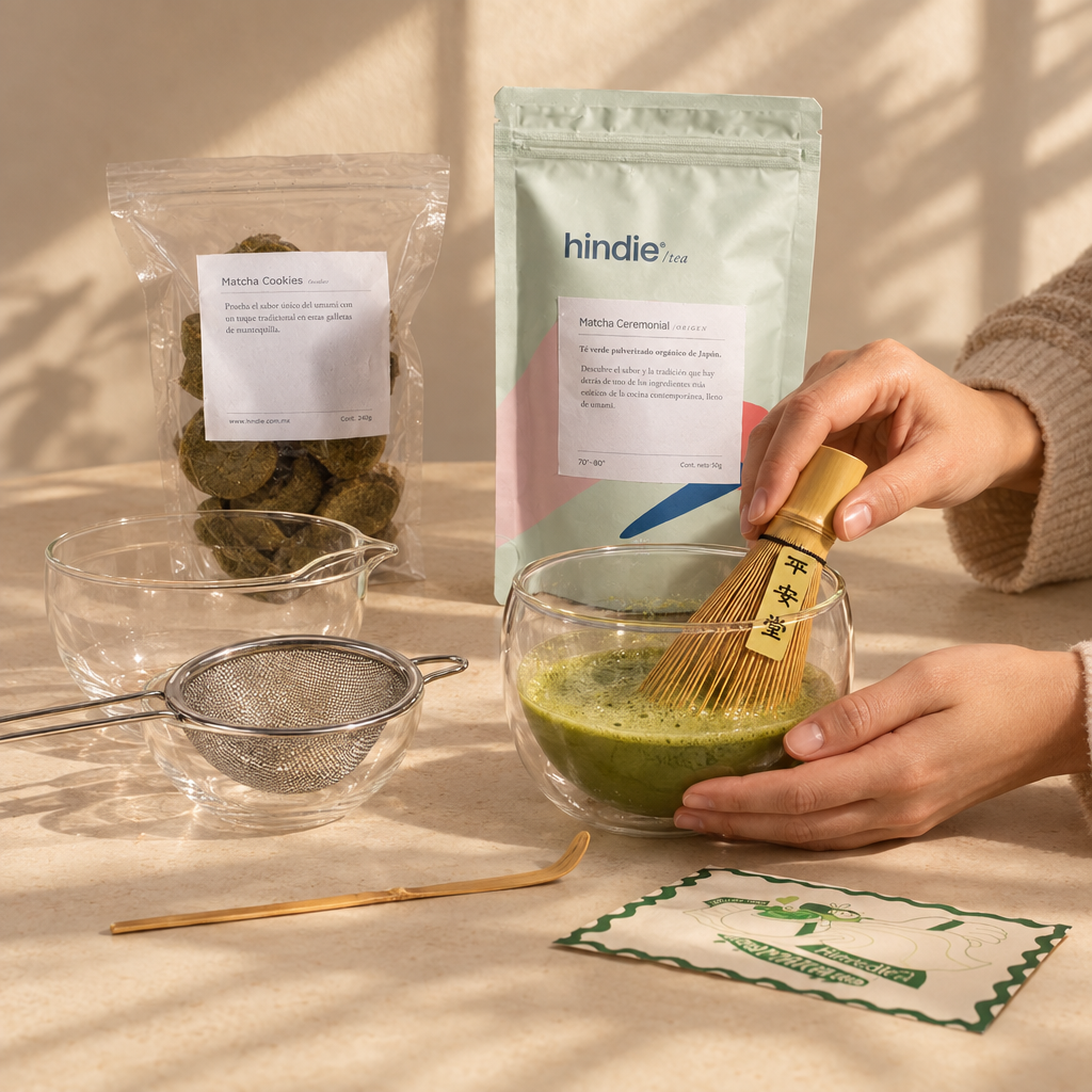 Escena lifestyle del KIT MATCHA FEST en preparación de matcha, formato cuadrado