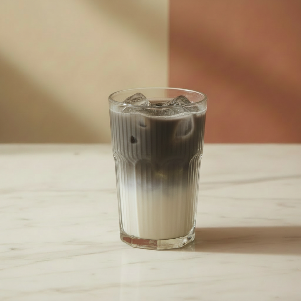 Hojichai latte gris profundo con hielos en un vaso de vidrio transparente acanalado sobre mármol claro