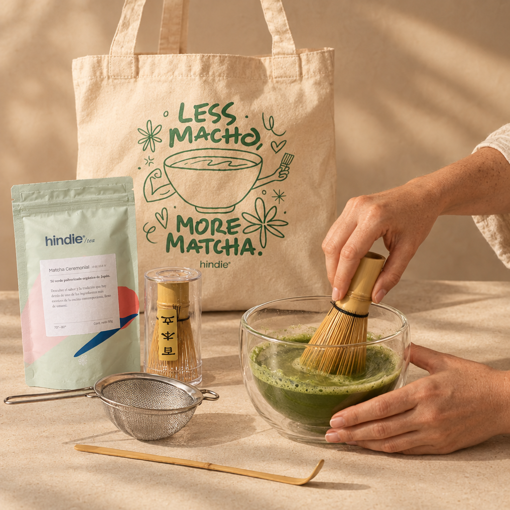 Matcha batiéndose con accesorios del KIT MATCHA FEST y tote bag Less Macho More Matcha al fondo