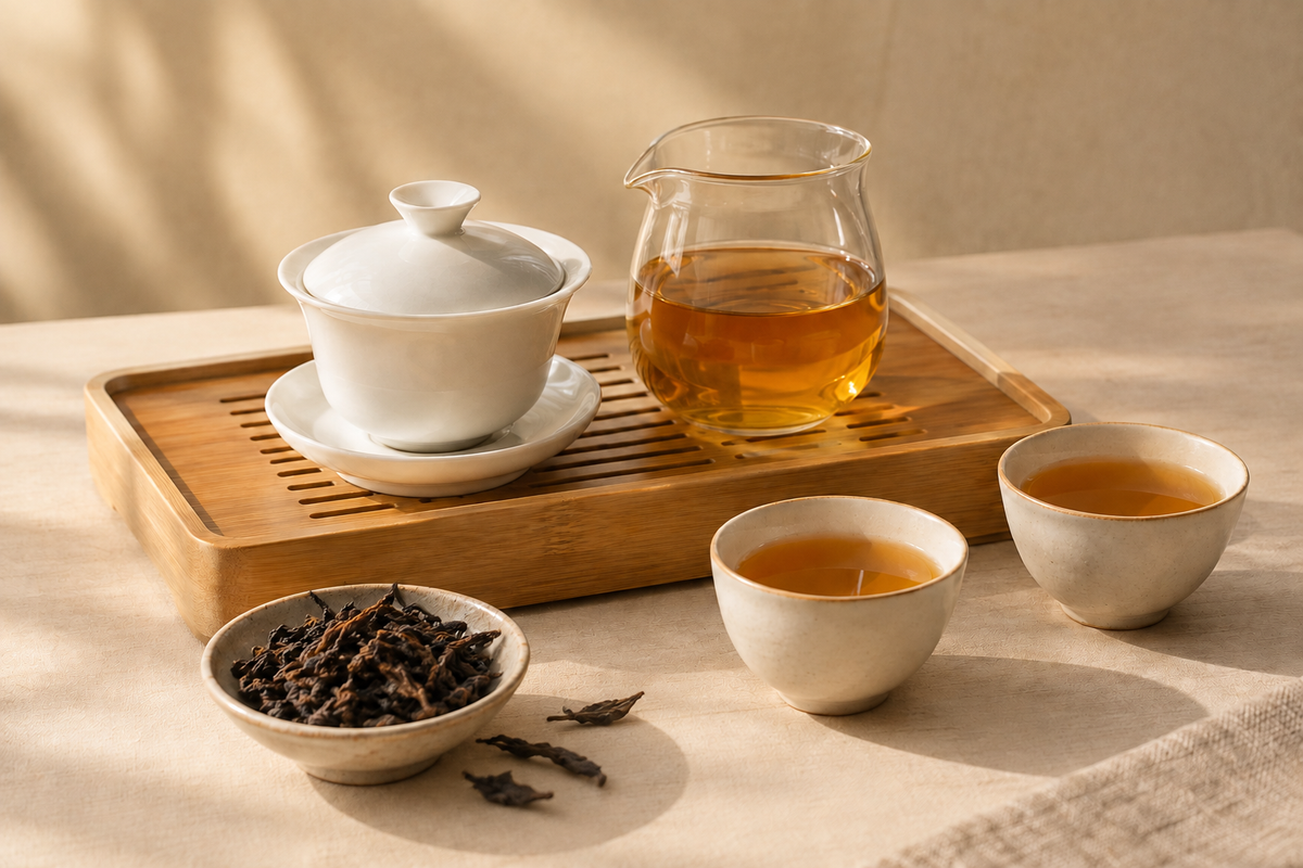 Lazy gaiwan y gong fu cha con hebras de oolong roca más nítidas