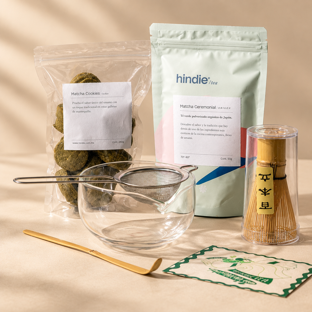 Detalle de los accesorios reales del KIT MATCHA FEST, formato cuadrado