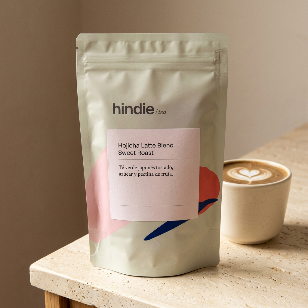 Hojicha Latte Blend Sweet Roast con empaque Hindie y latte