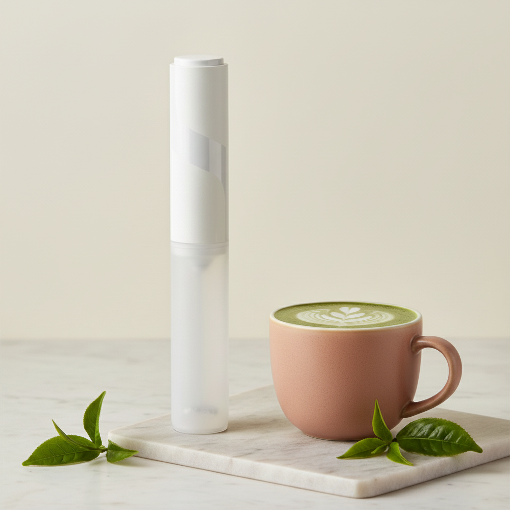 Espumador de leche Hindie junto a un matcha latte con latte art en una taza rosa tierra