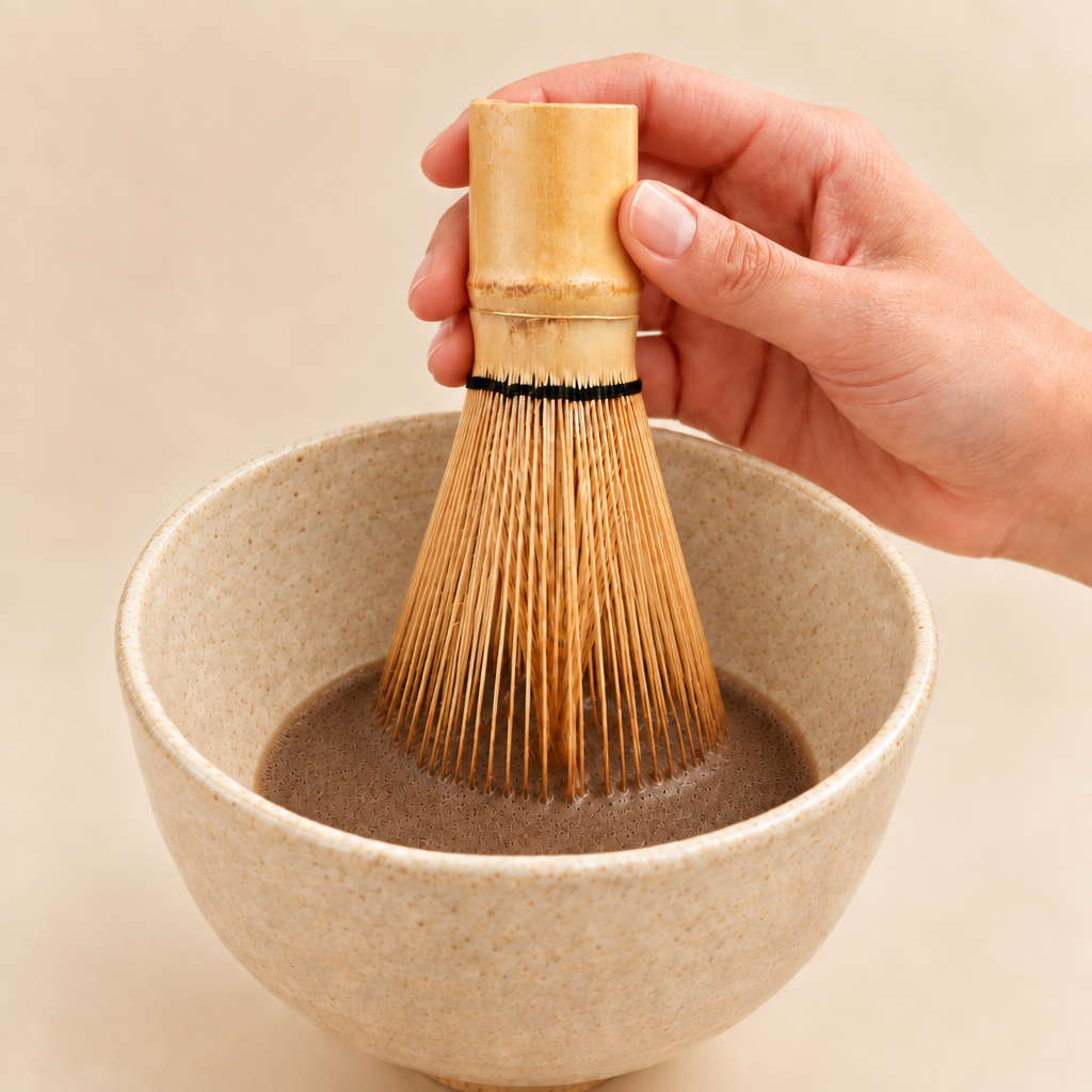 Mano batiendo Hojicha con un Chasen en un bowl con poca cantidad de líquido