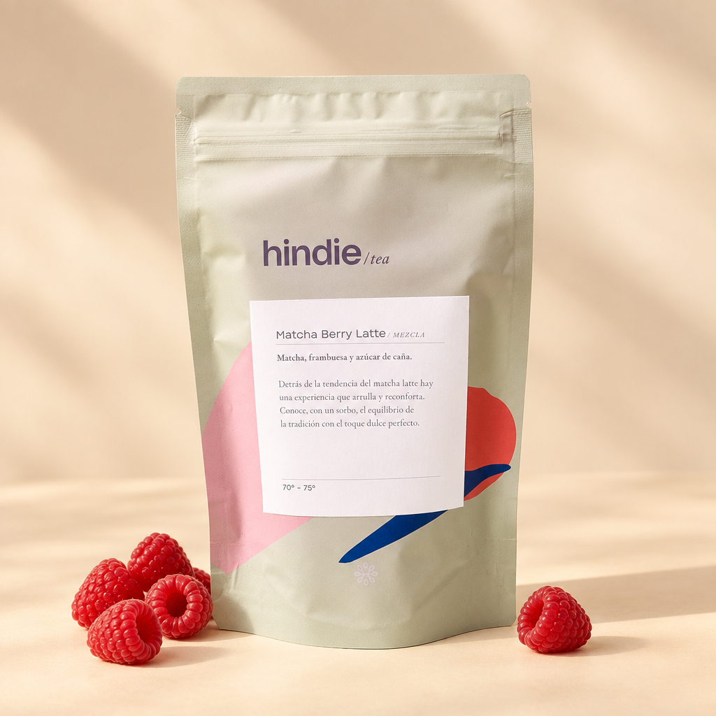 Bolsa de Matcha Berry Latte con frambuesas frescas, formato cuadrado