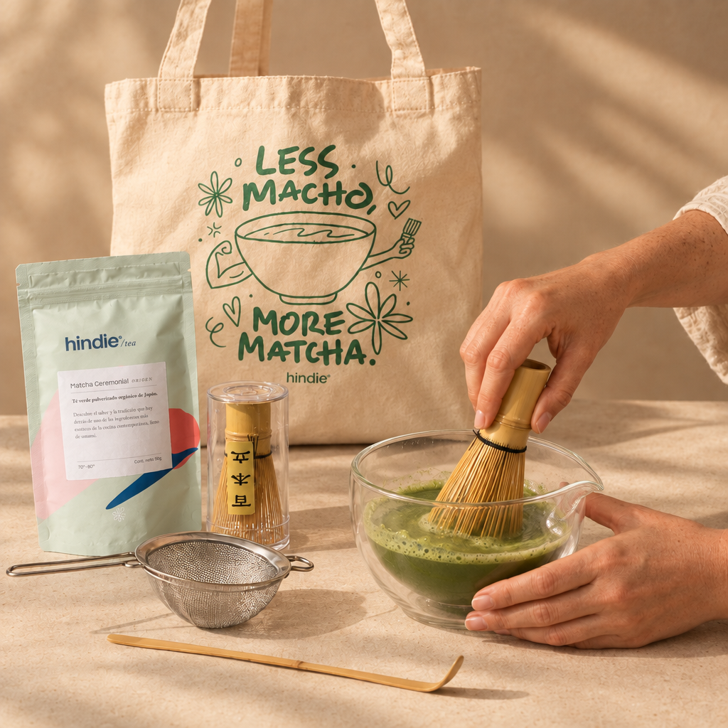 Matcha batiéndose con accesorios del KIT MATCHA FEST y tote bag Less Macho More Matcha al fondo, con el bowl original