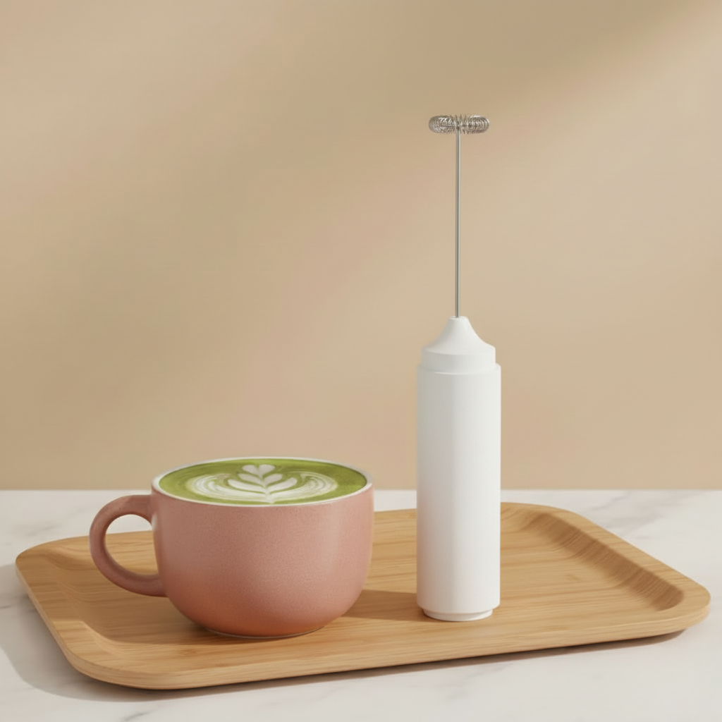 Espumador de leche blanco Hindie girado 180 grados y apoyado sobre su base blanca junto a una taza rosa tierra con matcha latte y latte art