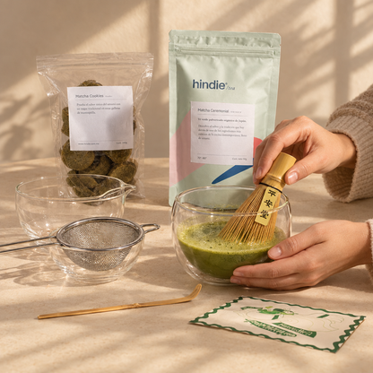 Escena lifestyle del KIT MATCHA FEST en preparación de matcha, formato cuadrado