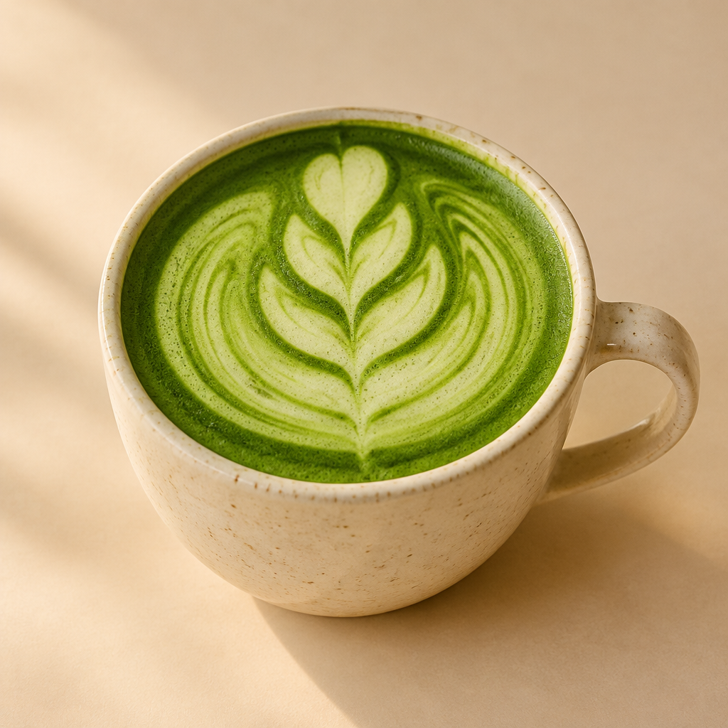 Matcha latte con latte art en tonos verdes intensos, sin tonos rosas ni frambuesas