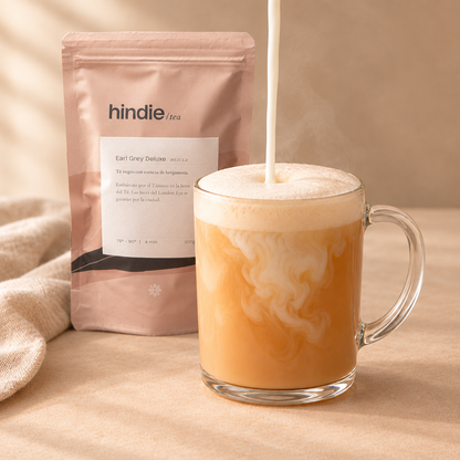London Fog cremoso con la bolsa Hindie Earl Grey Deluxe detrás