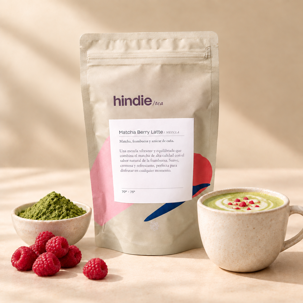 Matcha Berry Latte con taza, polvo de matcha, frambuesas y bolsa con la descripción de referencia