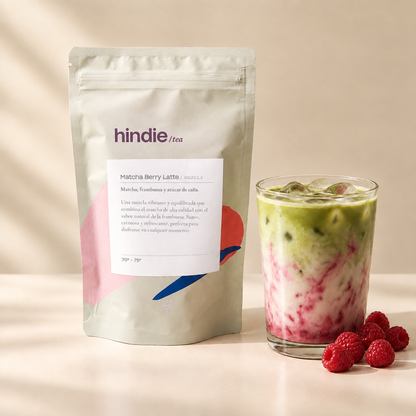 Matcha Berry Latte frío con frambuesas y bolsa con la descripción de referencia