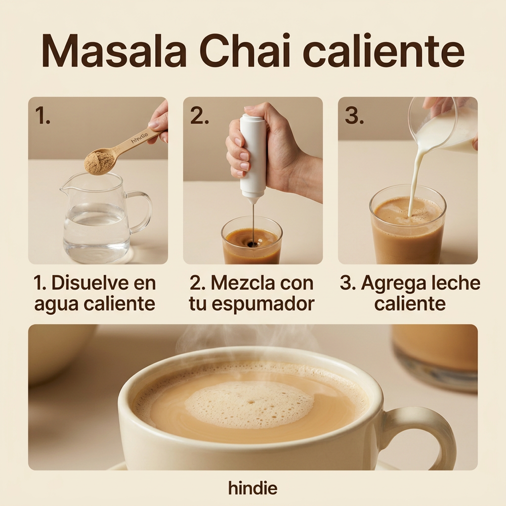 Preparación de Masala Chai caliente con espumador Hindie, formato cuadrado