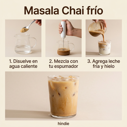 Preparación de Masala Chai frío con espumador Hindie, formato cuadrado